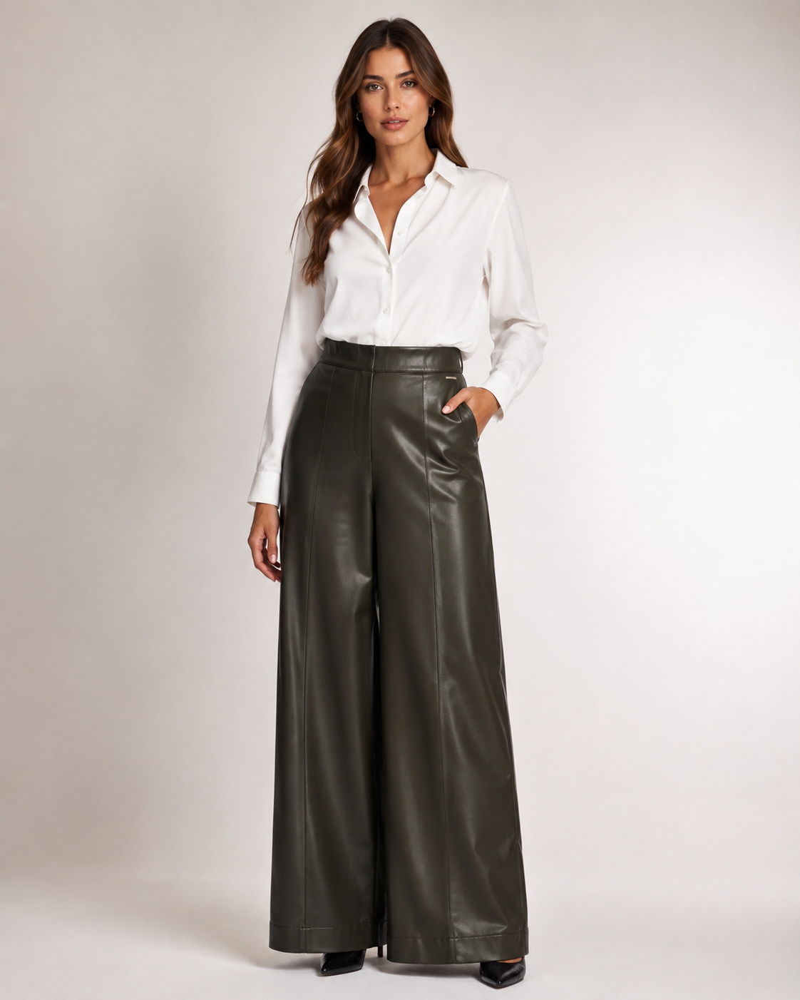 Rino & Pelle Therese Faux Leather Wide-Leg Pants – Hunter Green | Regular Length