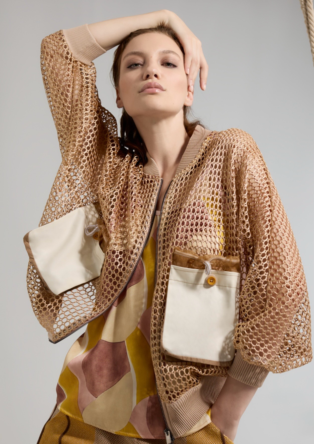 Tricot Chic Crochet Mesh Bomber Jacket – Style U315