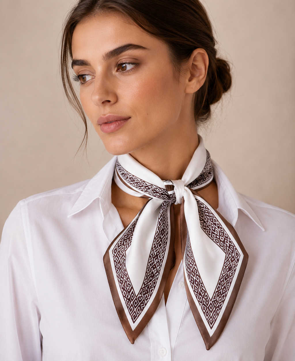 Tempest Diamond Border Silk-Feel Scarf – Ivory & Taupe