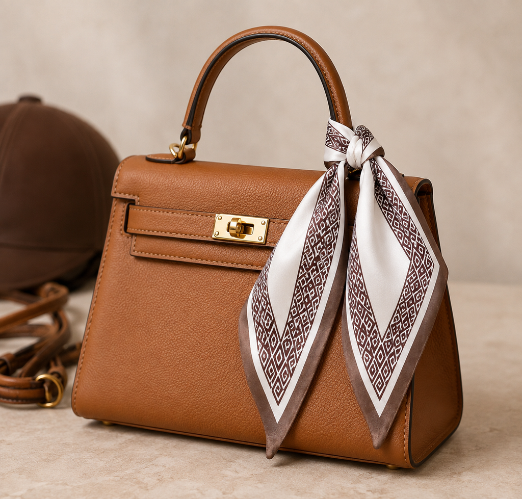 Tempest Diamond Border Silk-Feel Scarf – Ivory & Taupe