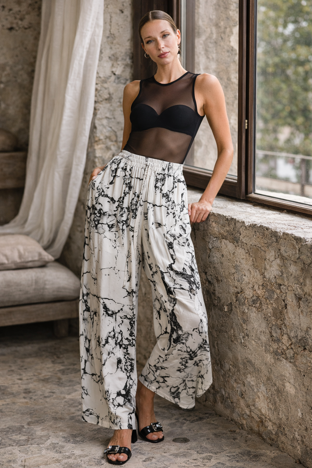 La Haine Inside Us  W5337 TROUSERS Palazzo in Printed Viscose & Viscose Jersey White