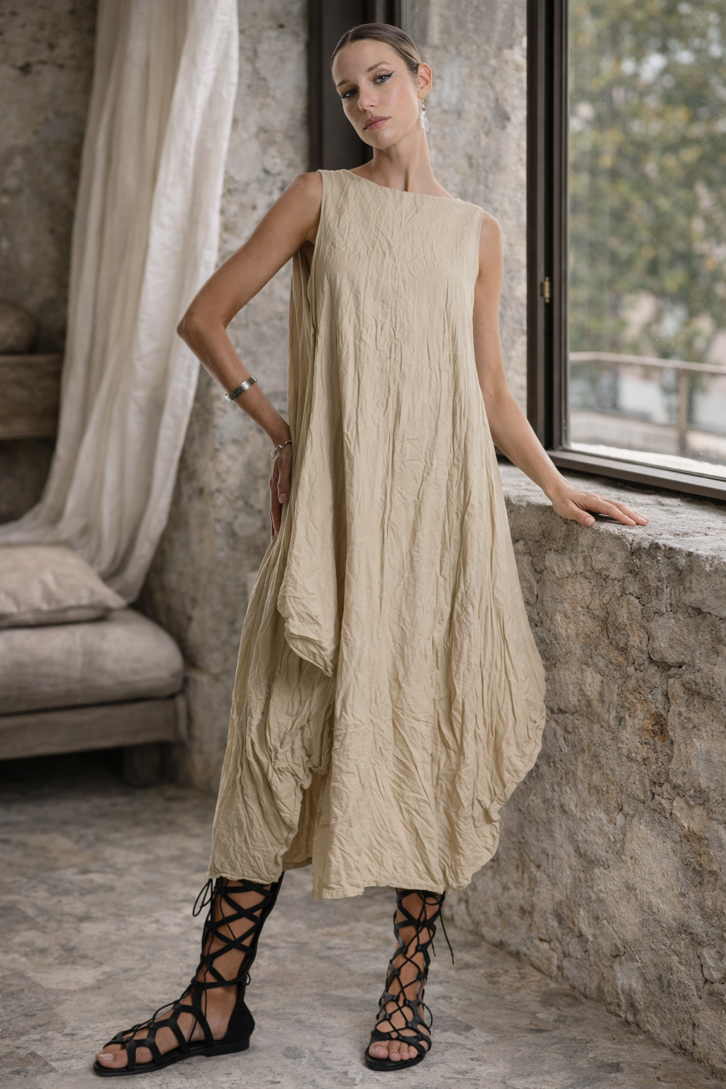 La Haine Inside Us Over Flared Crumpled Cotton Dress – Style W5378 Beige / White