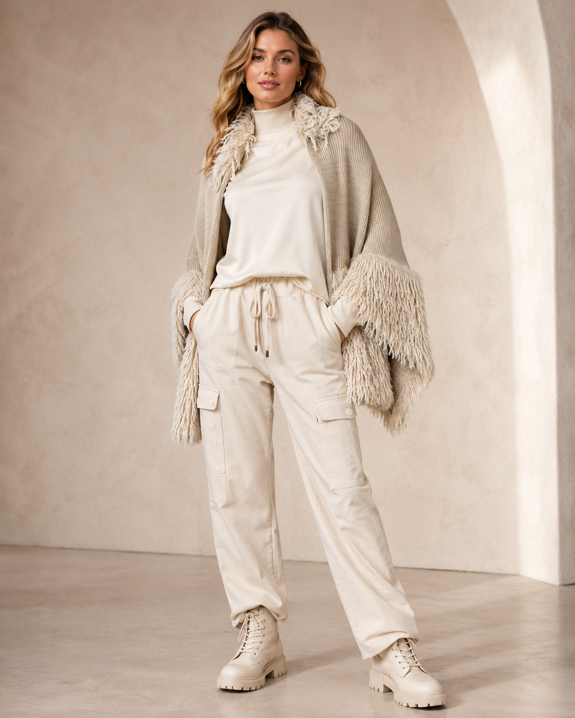 Tricot Chic Ivory Faux Fur Trim Scarf – Style Z755/C