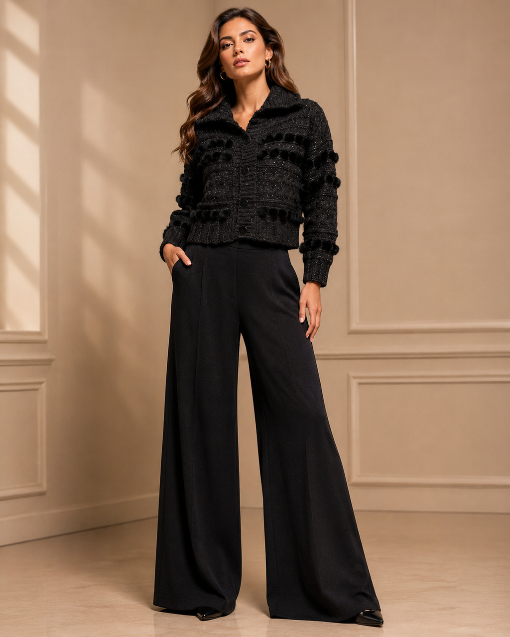 Tricot Chic Black Cropped Faux Fur Trim Cardigan – Style Z610/11