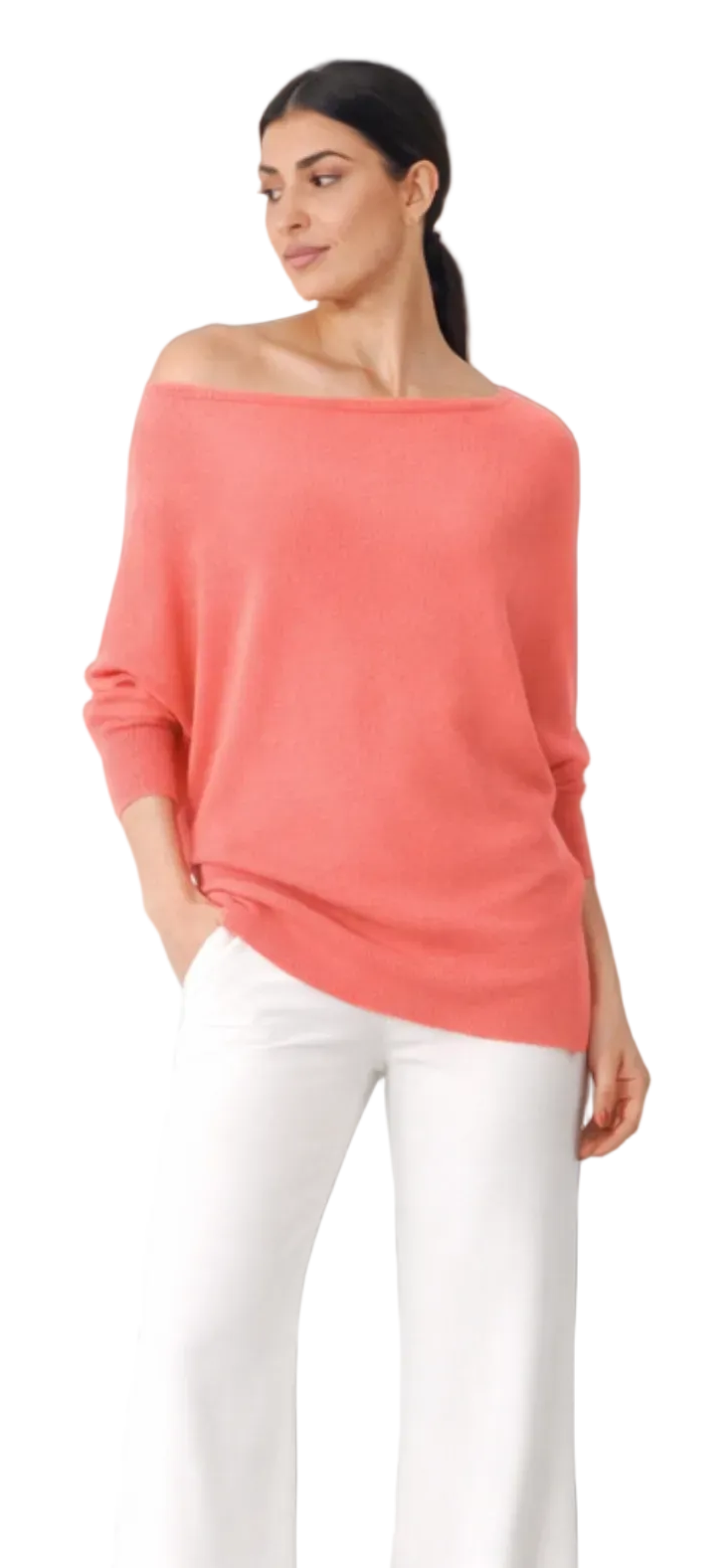 Alpini Made in Italy Asymmetrical Knit Sweater – Multi-Way Styling - Coral