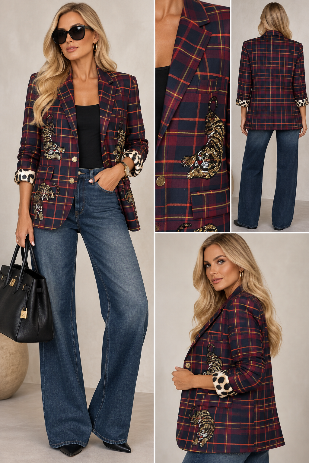 Five Progress Tartan Tiger Embellished Boyfriend Blazer – Bordeaux