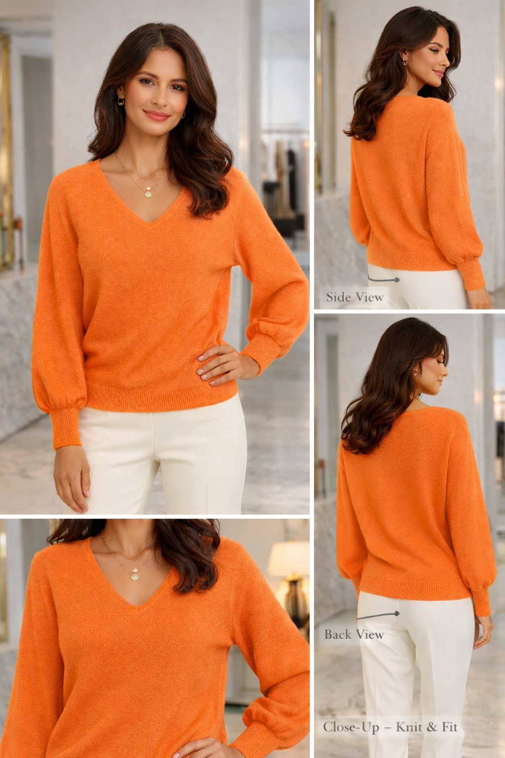 Alpini Orange V-Neck Balloon Sleeve Sweater – Made in Italy - One Size