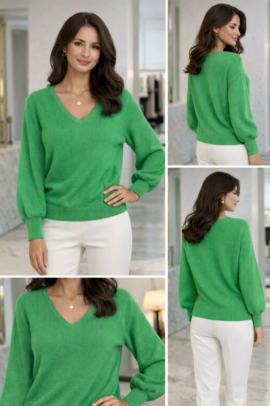 Alpini Green V-Neck Balloon Sleeve Sweater – Made in Italy - One Size