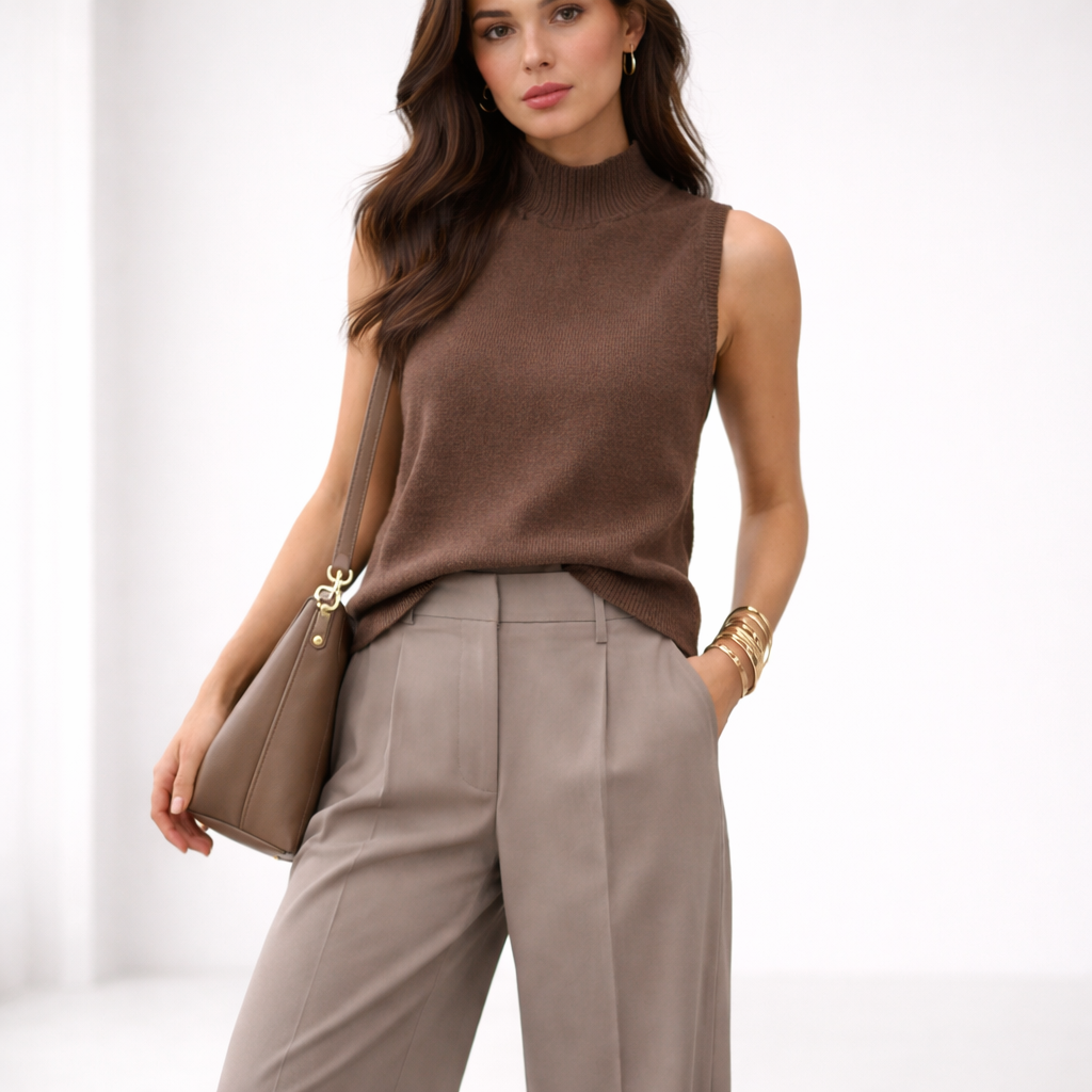 Alpini Sleeveless High-Neck Knit – Made in Italy (Mocha or Oyster) One Size