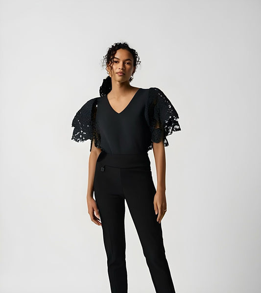 Malissa J Black V Neck Top With Tiered Lace Sleeves WF1705