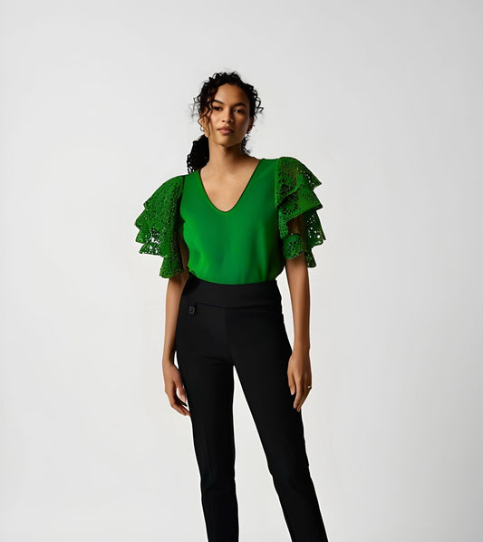 Malissa J Green V Neck Top with Lace Tiered Sleeves WF1705