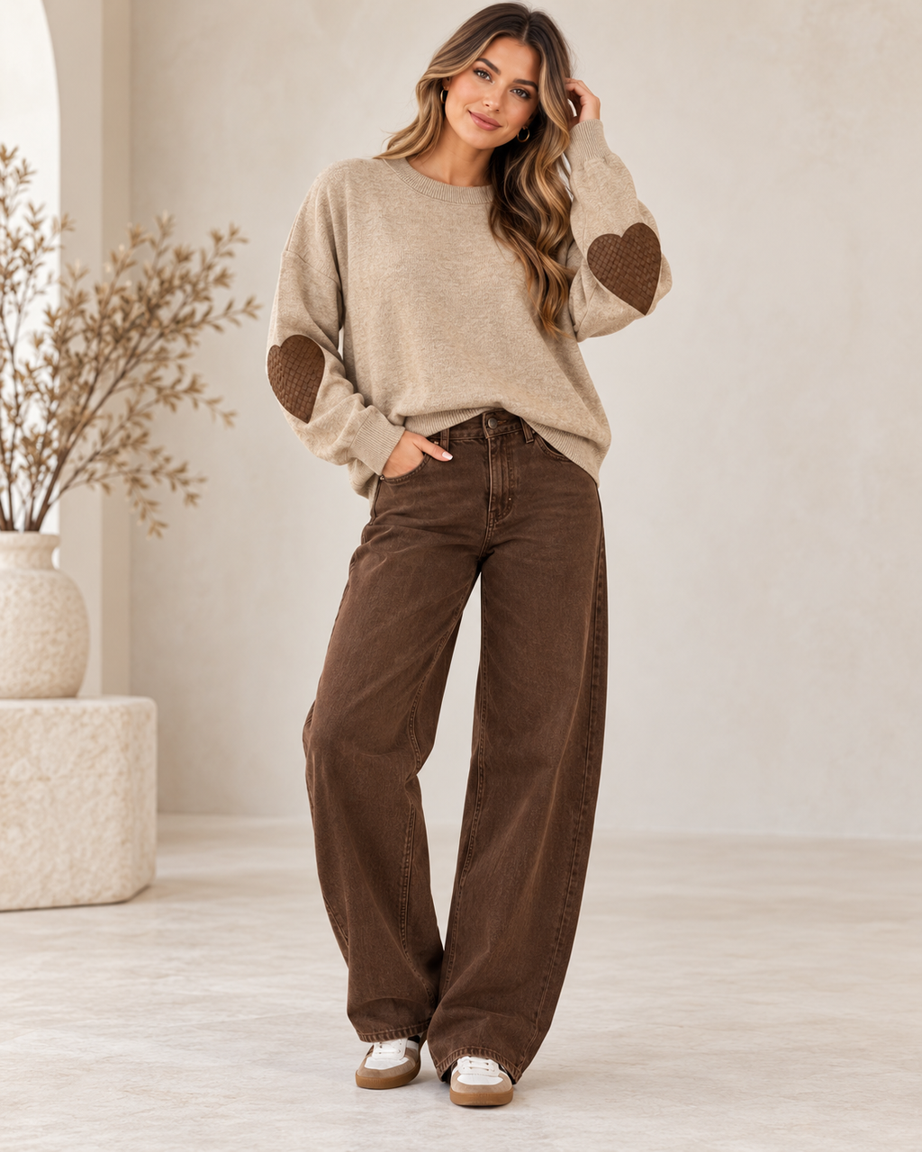 Miss Charm Heart Elbow Patch Sweater – One Size