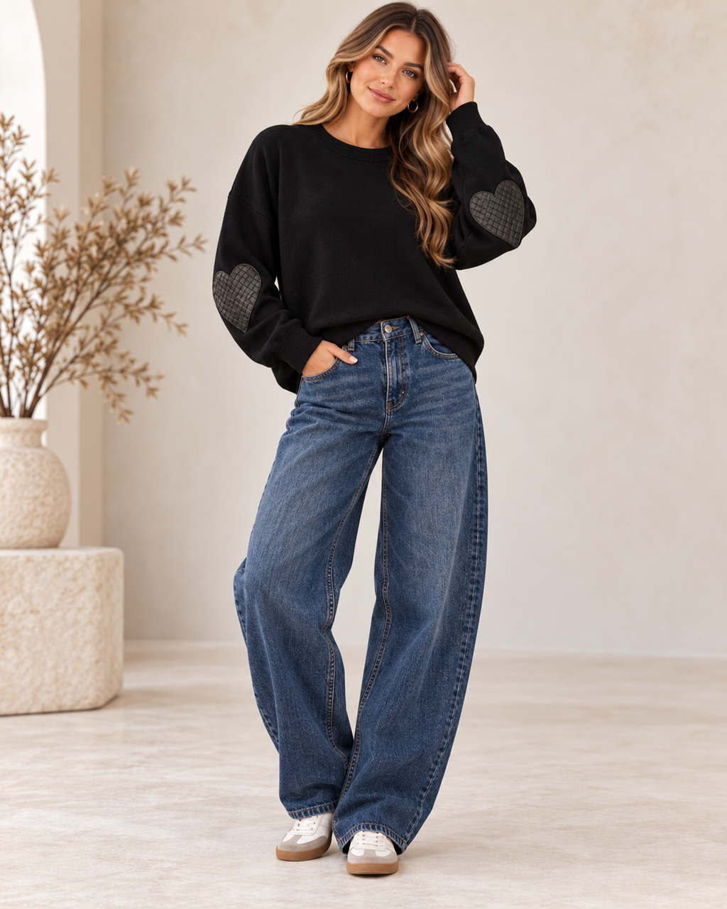 Miss Charm Heart Elbow Patch Sweater – One Size
