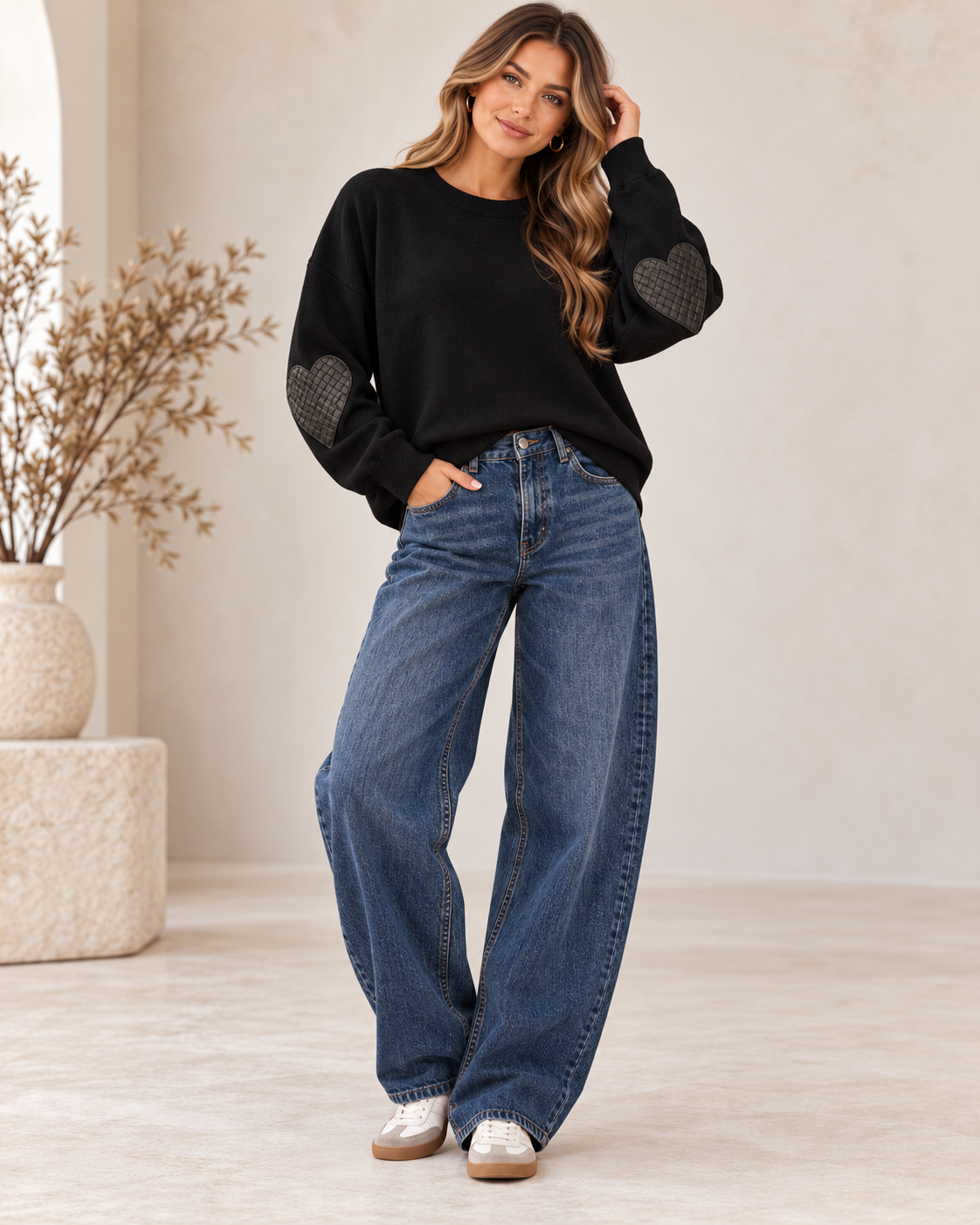 Miss Charm Heart Elbow Patch Sweater – One Size