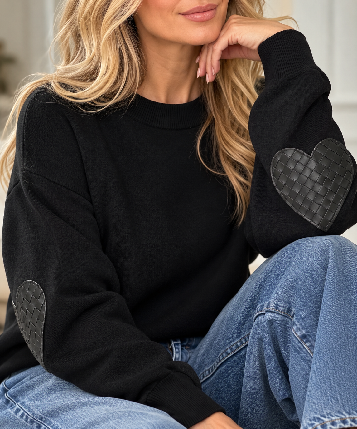 Miss Charm Heart Elbow Patch Sweater – One Size
