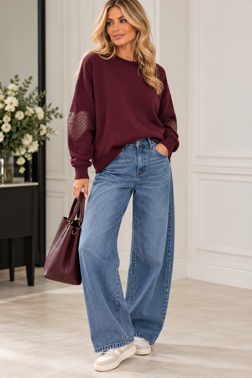 Miss Charm Heart Elbow Patch Sweater – One Size
