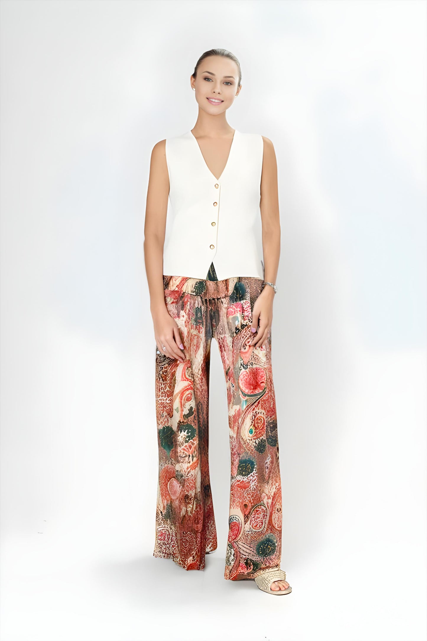 Malissa J Coral Multi Paisley Print Palazzo Pants One Size