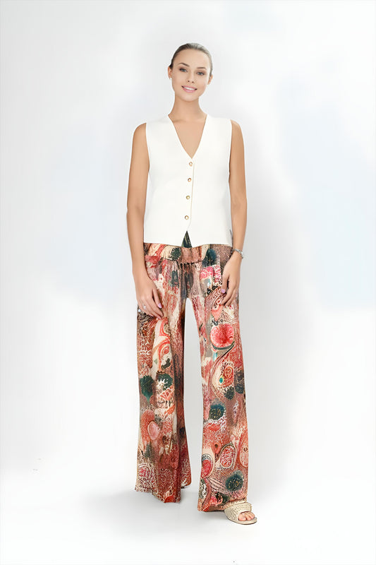 Malissa J Coral Multi Paisley Print Palazzo Pants One Size