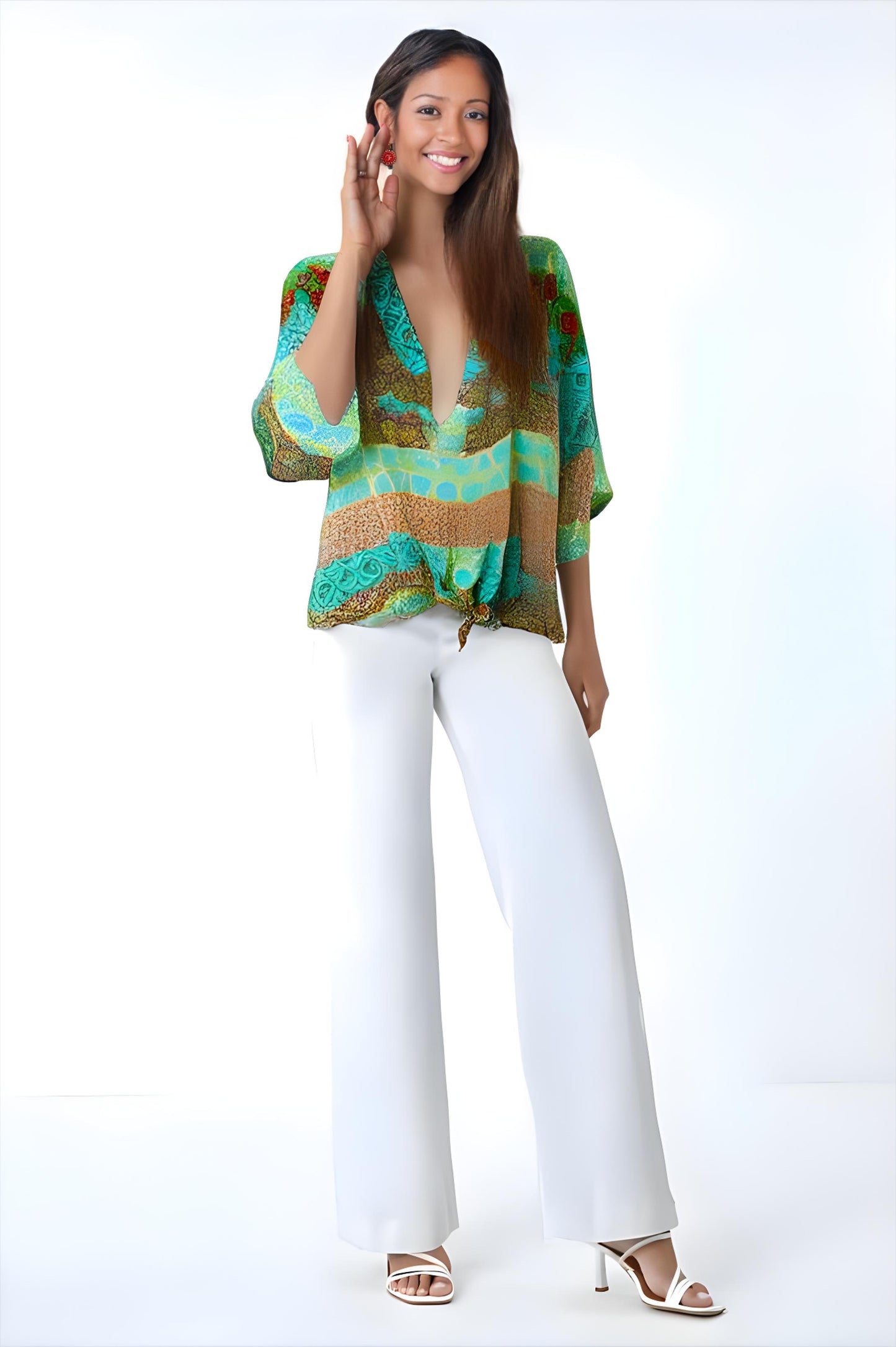 Malissa J Aqua Multi Patterned Sleeveless Top With Tie Front One Size