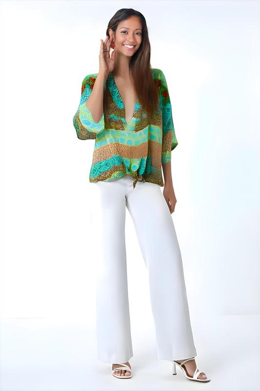 Malissa J Aqua Multi Patterned Sleeveless Top With Tie Front One Size