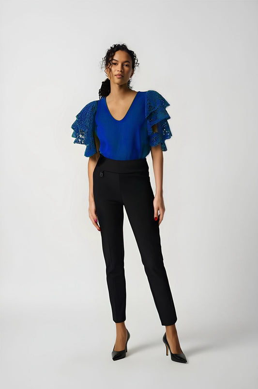 Malissa J Blue V Neck Top with Lace Tiered Sleeves WF1705