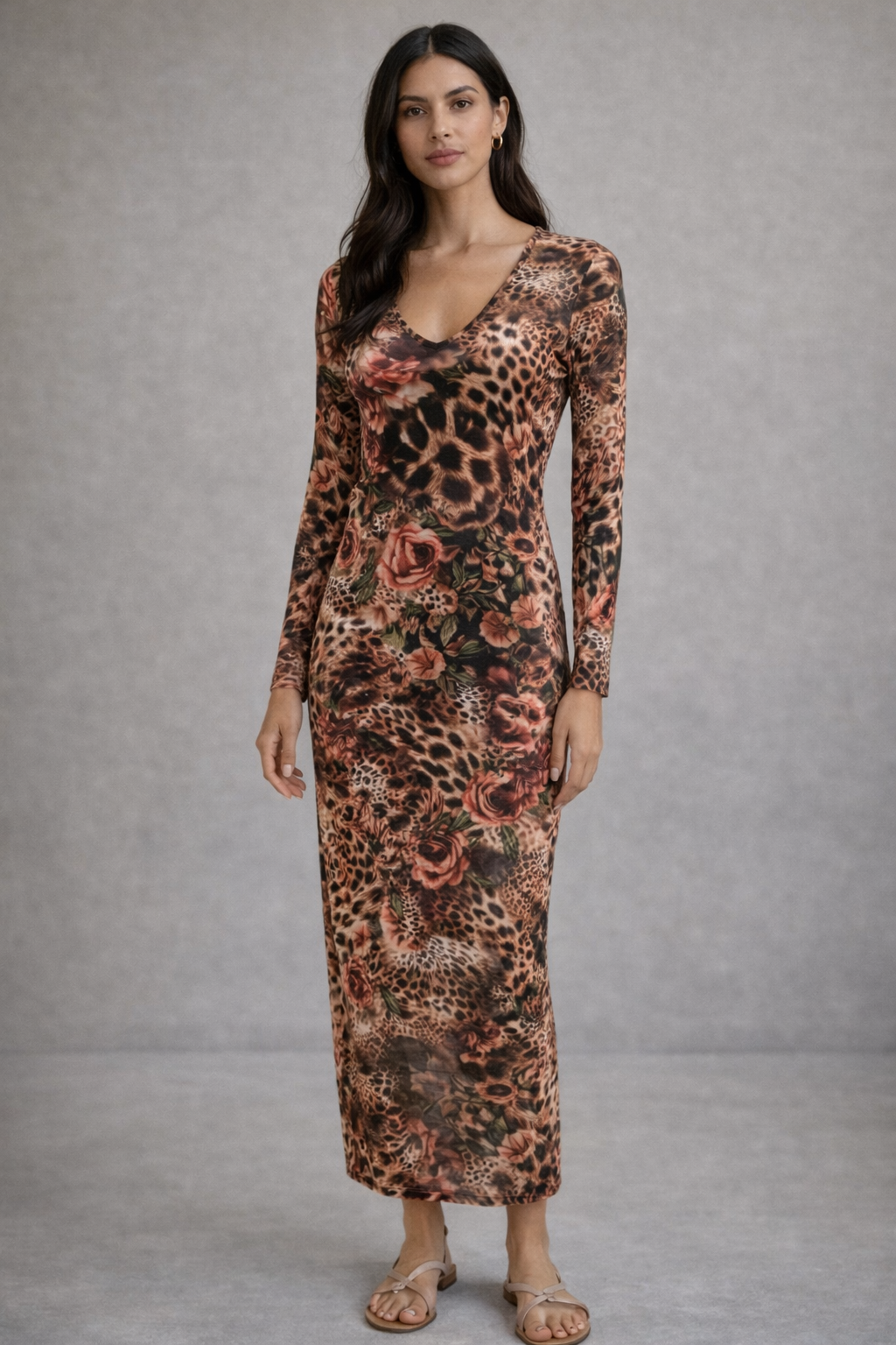 Malissa J Leopard & Floral Print Midi Dress – V-Neck | One Size (With Slip)