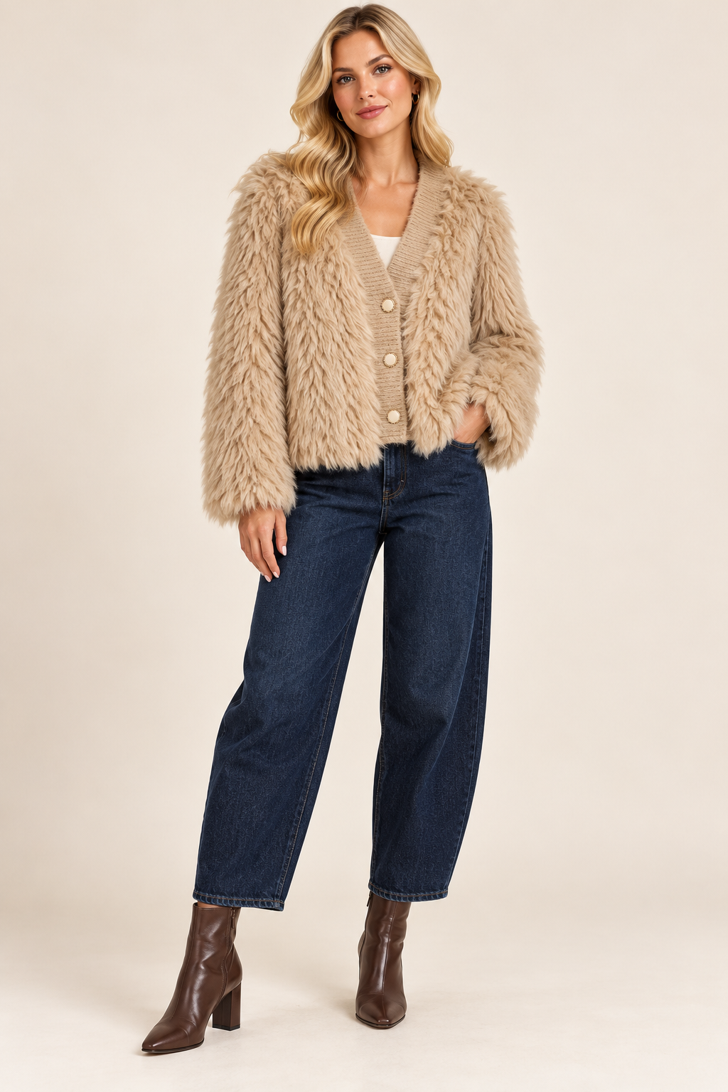 JS Millenium Beige Shaggy Faux Fur Jacket
