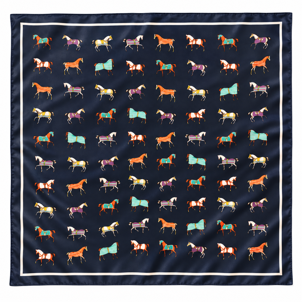 Sarah Tempest Navy Horse Print Square Scarf – 62 × 62cm