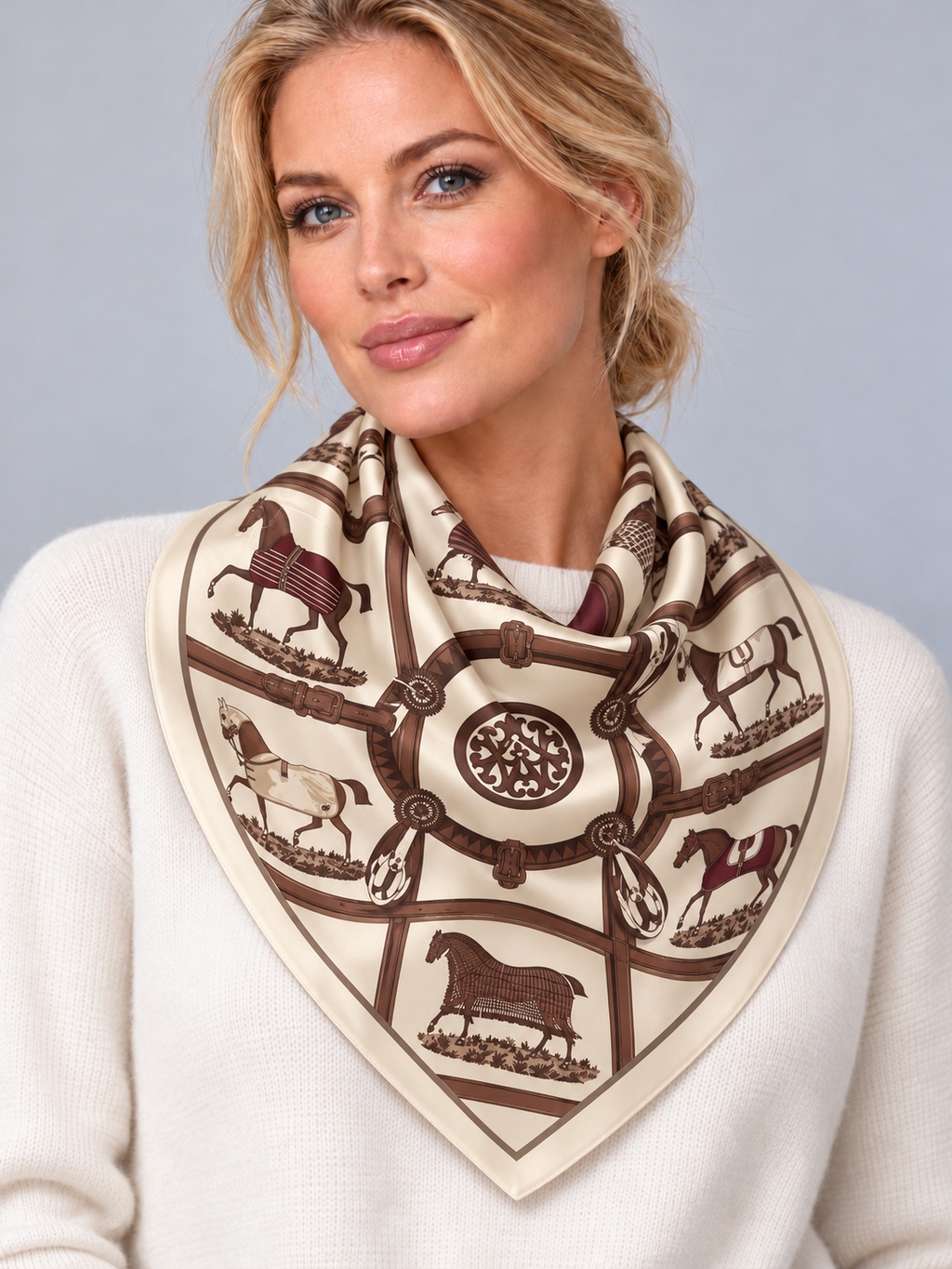 Sarah Tempest Cream & Brown Equestrian Print Square Scarf