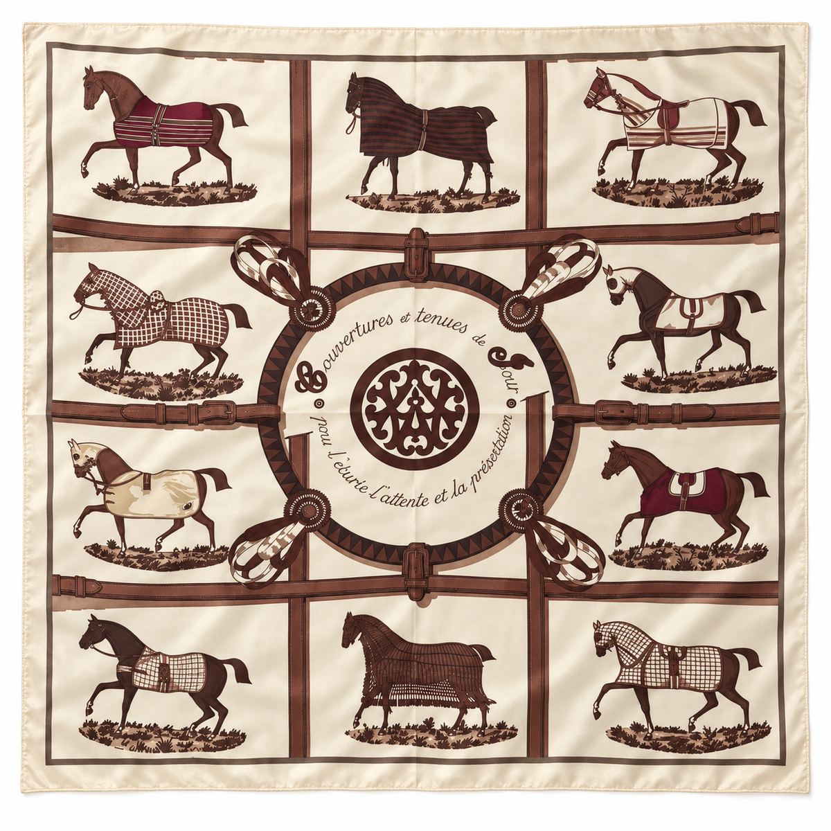 Sarah Tempest Cream & Brown Equestrian Print Square Scarf