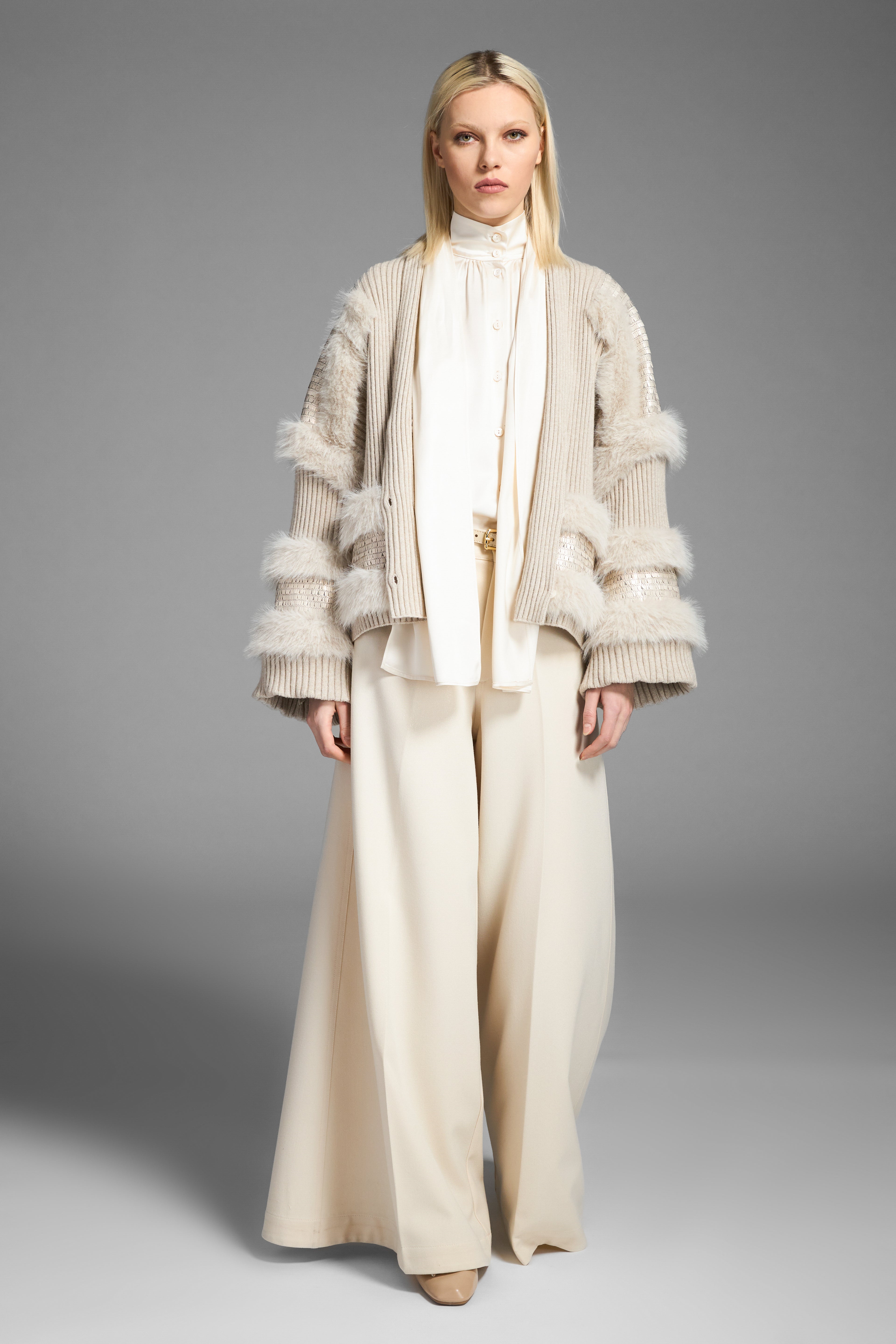 Tricot Chic Oyster Cardigan Jacket with Matte Sequins & Faux Fur Trim Style S150
