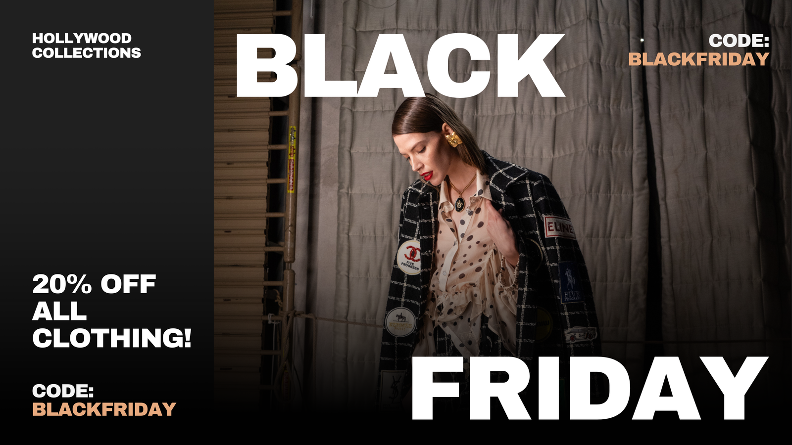 Promotional image for Hollywood Collections Black Friday sale with a woman in a coat.
