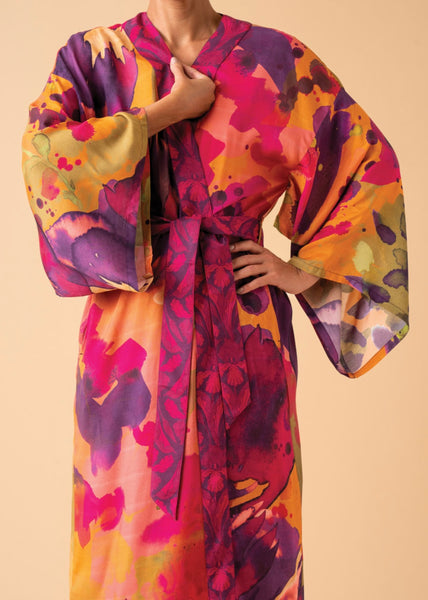 Powder Oversized Blooms Kimono Gown in Mustard