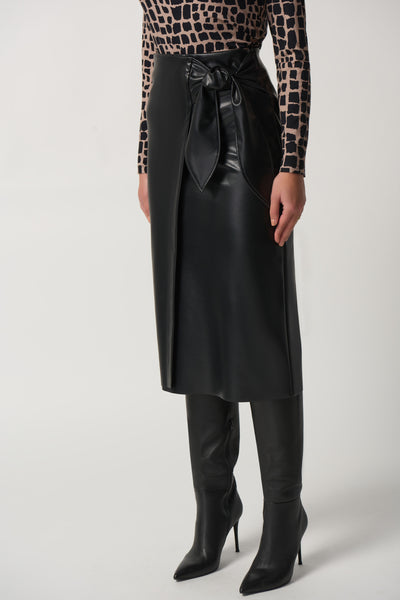 233297 Joseph Ribkoff Black Faux Leather Midi Length Wrap Skirt