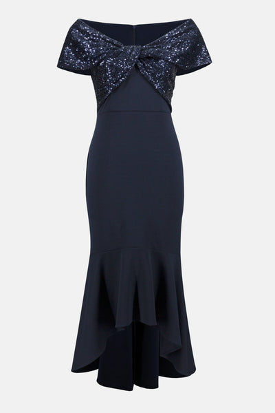 233731 Joseph Ribkoff Signature Midnight Blue Dress With Sequin Trim Shawl Collar