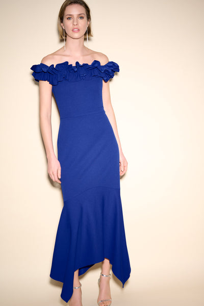 233741 Joseph Ribkoff Signature Royal Sapphire Off Shoulder Dress With High and Low Hemline