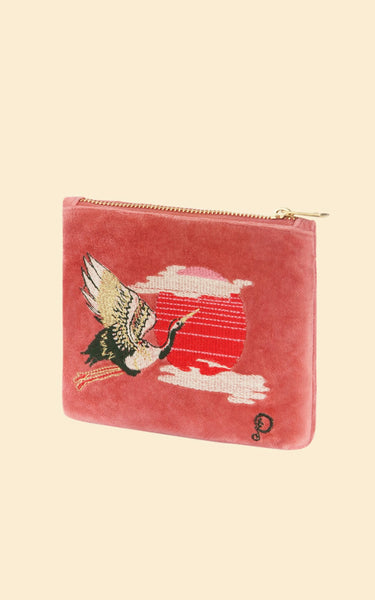 Powder Velvet Mini Pouch - Crane at Sunrise in Petal